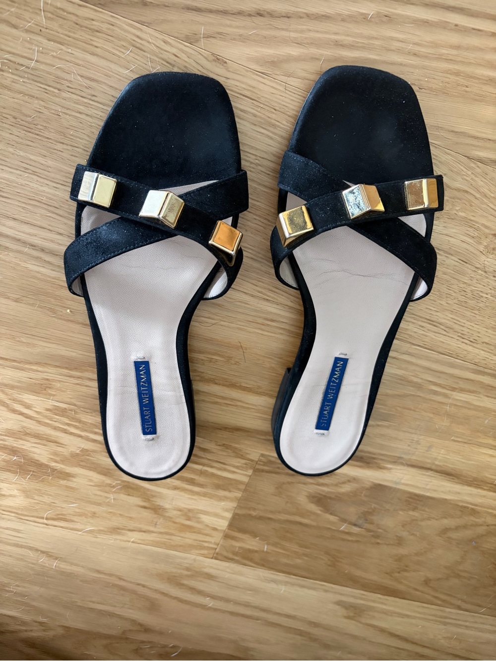 Stuart Weitzman Black Suede Slide Sandals with Gold Geometric Accents